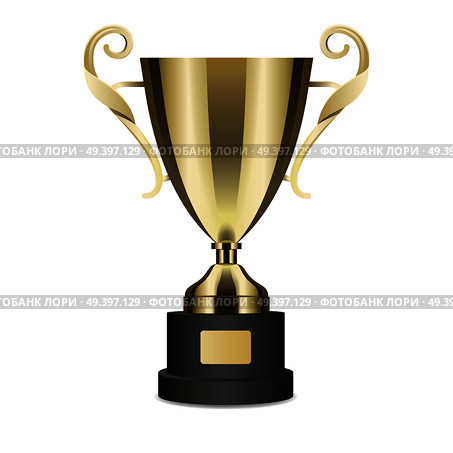 Golden shiny trophy cup with curly handles isolated on white background. Tournament first place prise vector illustration. Standard design of metal goblet. Award for outstanding achievement.. Realistic Golden Trophy Cup Isolated Illustration. Стоковая иллюстрация, агентство Ingram Publishing / Фотобанк Лори