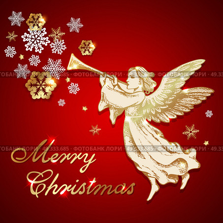 Golden vintage Christmas angel blows into the trumpet on a red background. Vector greeting card. Merry Christmas lettering. Стоковая иллюстрация, агентство Ingram Publishing / Фотобанк Лори