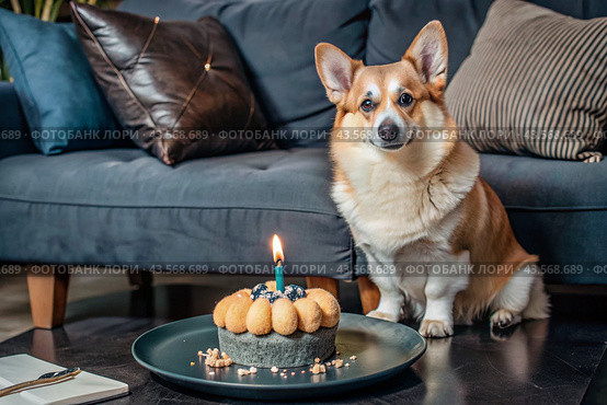 Golden Welsh corgi celebrates his birthday. The dog is sitting with a cake, balloons and flags at a pet's birthday party. Стоковое AI-изображение, AI-художник Photojuli / Фотобанк Лори