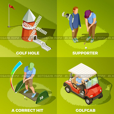 Golf 2x2 Isometric Design Concept. Golf 2x2 design concept with correct hit cabriolet supporter and golf hole isometric square compositions vector illustration. Стоковая иллюстрация, агентство Ingram Publishing / Фотобанк Лори