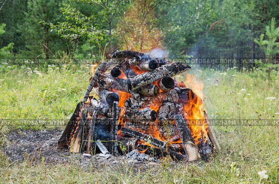 Горящий на поляне костёр. Birning campfire. Стоковое фото, фотограф Евгений Романов / Фотобанк Лори