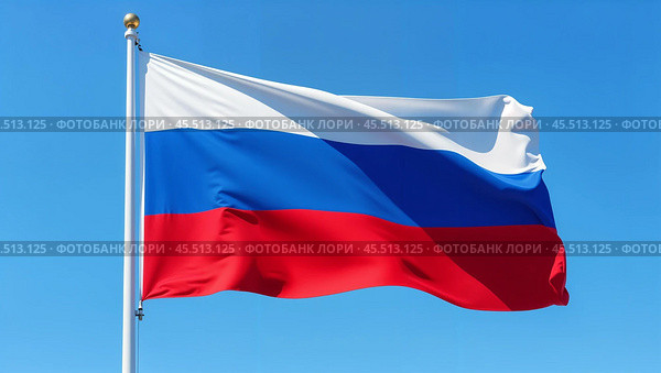 Государственный флаг России на флагштоке на фоне голубого неба. Национальный символ Российской Федерации крупным планом. Стоковое AI-изображение, AI-художник Ирина / Фотобанк Лори