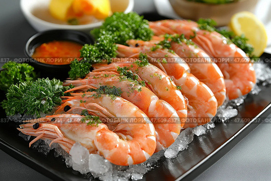 Gourmet dish featuring fresh live prawns served with green garnish and sauce. Изысканное блюдо из свежих  креветок, подается с зеленым гарниром и соусом. Стоковое AI-изображение, AI-художник Katsiaryna Repich / Фотобанк Лори