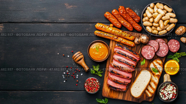Gourmet Meat Assortment: A Culinary Composition with grilled sausages, salami and sauce, on a wooden board, for restaurant Menu. Стоковое AI-изображение, AI-художник Данила Большаков / Фотобанк Лори