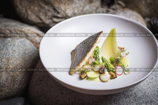 Gourmet plated fish fillet with asparagus and vegetable arrangement. Стоковое AI-изображение, AI-художник Катерина Бондарец / Фотобанк Лори