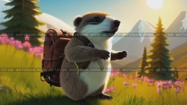 Graceful, fluffy marmot with a backpack on his shoulders, a traveler on a sunny day. Holiday day. Spring zoom in, zoom out, pan or make 360-degree photos, animation, pan right. Стоковое AI-видео, аниматор ALLA YURTAYEVA / Фотобанк Лори