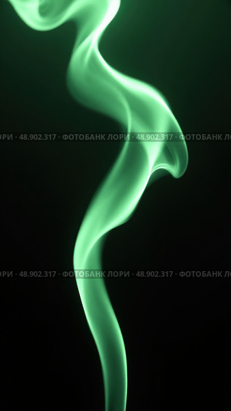 Graceful Green Smoke Streams Swirl on a Black Background, Evoking Lightness and Fluidity in Art and Design. Стоковое AI-изображение, AI-художник Sergey Grishin / Фотобанк Лори
