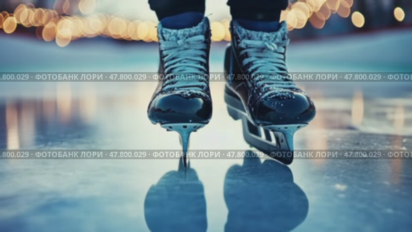 Graceful ice skating glide with reflections and twinkling lights. Стоковое AI-видео, аниматор Sabyna75 / Фотобанк Лори