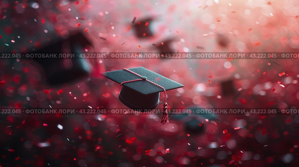 Graduation Cap Soaring Through the Air. Стоковое AI-изображение, AI-художник Юлия Гапеенко / Фотобанк Лори