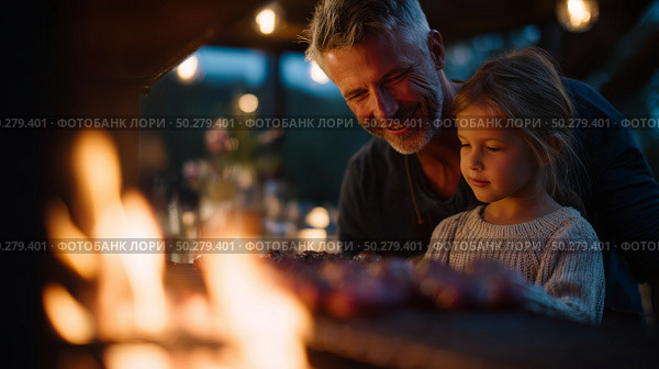 Grandfather grills dinner with granddaughter in a cozy outdoor setting during twilight. Стоковое AI-изображение, AI-художник Сергей Толмачёв / Фотобанк Лори