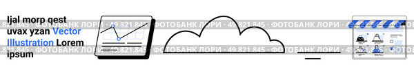 Graph showing data trends, cloud icon, and digital storefront suggest combined analytics and online retail management. Ideal for e-commerce, data visualization, cloud computing, business growth. Cloud Data Integration for Online Store Analytics Representation with Graph and Digital Shop Elements. Стоковая иллюстрация, агентство Ingram Publishing / Фотобанк Лори