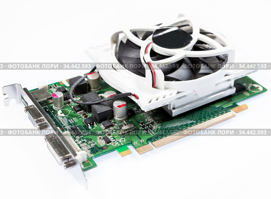 Graphic card or video card with large cooler, a white background. Стоковое фото, фотограф Кекяляйнен Андрей / Фотобанк Лори