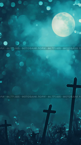 Graveyard cross under full moon with spider web and bokeh effect, background. Стоковое AI-изображение, AI-художник Анастасия Золотницкая / Фотобанк Лори