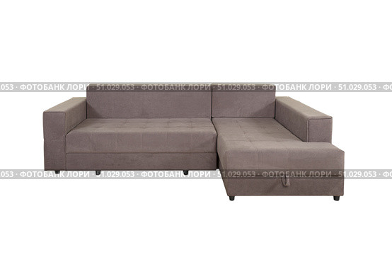 Gray corner sofa with velor fabric pillows isolated on a white background. Cushioned furniture. Стоковое фото, фотограф Лазаренко Светлана / Фотобанк Лори