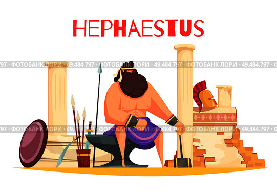 Greek gods cartoon composition with  powerful figurine of hephaestus sitting on anvil and holding hammer flat vector illustration. Стоковая иллюстрация, агентство Ingram Publishing / Фотобанк Лори