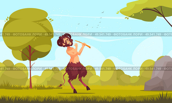 Greek mythological creatures cartoon composition with young satyr centaur nature spirit playing flute in grassy meadow vector illustration. Стоковая иллюстрация, агентство Ingram Publishing / Фотобанк Лори