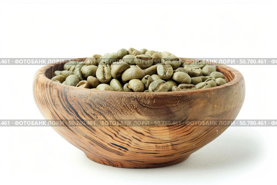 Green coffee beans filling a wooden bowl on white background. Стоковое AI-изображение, AI-художник Иван Рябоконь / Фотобанк Лори