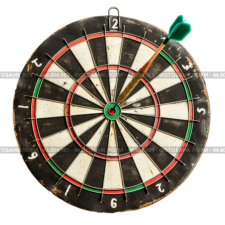 Green dart hitting the center of an old dartboard. Стоковое AI-изображение, AI-художник Иван Рябоконь / Фотобанк Лори