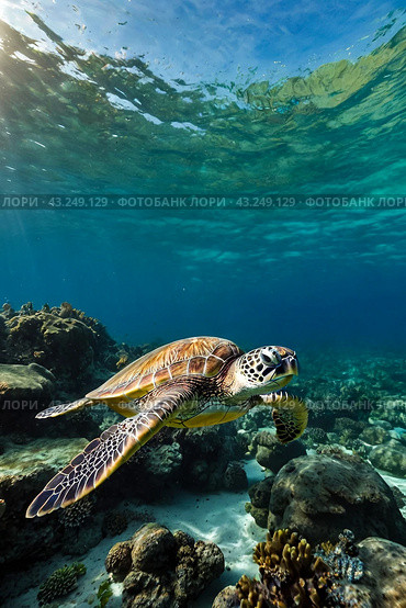 Green sea Turtle (Testudines) mammal swimming in tropical underwaters. Turtles in underwater wild animal world. Observation of wildlife ocean. Scuba diving adventure in Ecuador coast. Copy text space. Стоковое AI-изображение, AI-художник Aleksandr Golubev / Фотобанк Лори