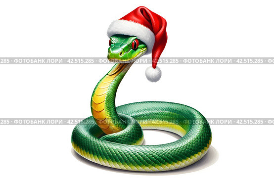 Green snake in santa hat, symbol of 2025, on a white background. Стоковое AI-изображение, AI-художник Наталья Симакова / Фотобанк Лори
