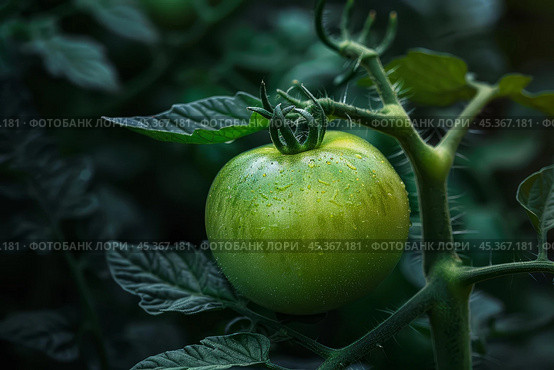 Green tomato growing on the vine in a garden. Стоковое AI-изображение, AI-художник Иван Рябоконь / Фотобанк Лори