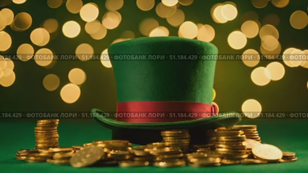 Green top hat is perched on top of large pile of coins, creating striking image of wealth and prosperity. Shiny coins contrast with vibrant color of hat, making for intriguing visual display. Стоковое AI-видео, аниматор Данила Большаков / Фотобанк Лори