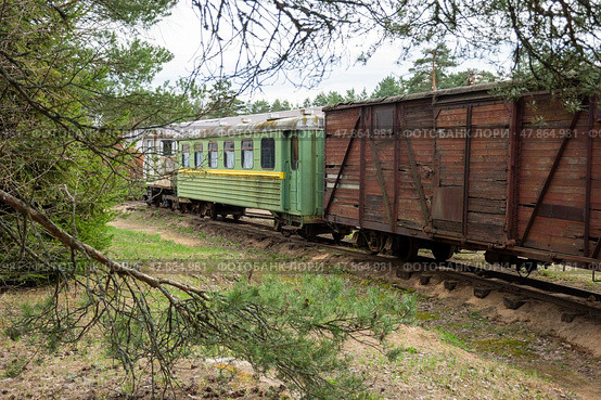Green train car is parked on the tracks. The train car is old and rusty. Стоковое фото, фотограф Олег Спиридонов / Фотобанк Лори
