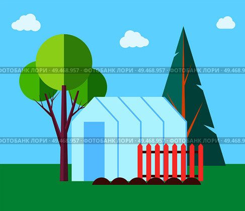 Greenhouse hothouse and trees. Farming and growing plants vegetables and fruits on warmhouse made of glass. Rural area with greenery nature vector. Greenhouse Hothouse and Trees Vector Illustration. Стоковая иллюстрация, агентство Ingram Publishing / Фотобанк Лори