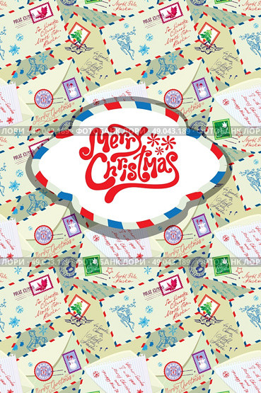 Greeting card with xmas stamps, envelops, labels, cards, hand written texts, Christmas and New Year postage background for winter holidays design. Стоковая иллюстрация, агентство Ingram Publishing / Фотобанк Лори