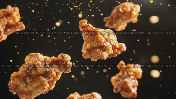 Grilled chicken legs, drumsticks falling in the air, isolated on black background, food concept. Crispy fried chicken nuggets levitation. Roast chicken strips, pieces flying in the air. Dynamic scene. Стоковое AI-видео, аниматор Марина Демидюк / Фотобанк Лори