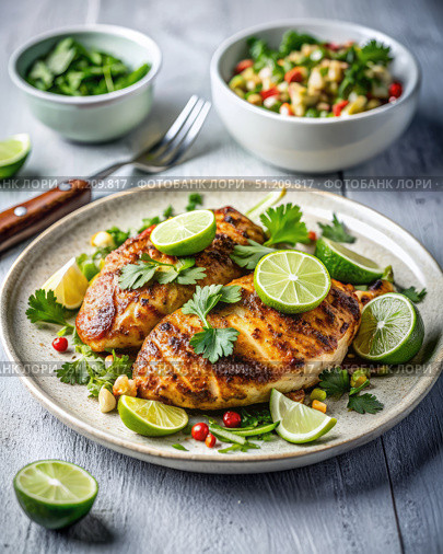 Grilled Lime Chipotle Chicken With Fresh Cilantro and Lime Wedges. Generative AI. Стоковое AI-изображение, AI-художник Roman Zavorotny / Фотобанк Лори