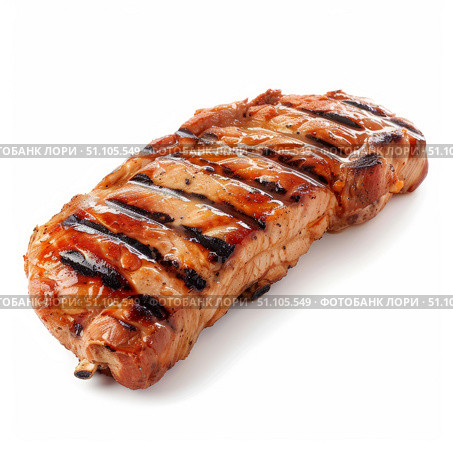 Grilled pork ribs presenting grill marks on white background. Стоковое AI-изображение, AI-художник Иван Рябоконь / Фотобанк Лори