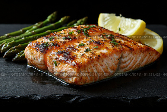 Grilled Salmon Fillet with a crispy skin, served with asparagus and lemon wedges on a black slate plate. Footage for culinary video blog. Стоковое AI-изображение, AI-художник Ирина Михайличенко / Фотобанк Лори