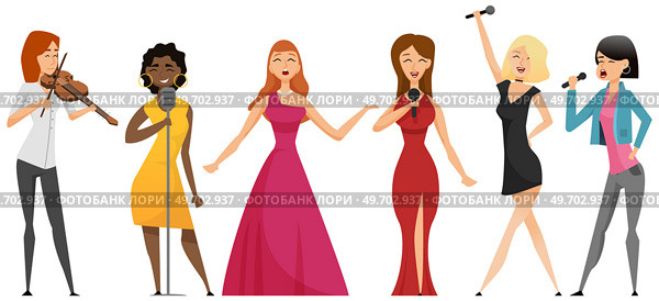Group of beautiful girls sing song into microphone enjoying karaoke performance, singer having fun on stage. Female presenter speaks at festival isolated on white. Musician playing music on violin. Group of beautiful girls sing song into microphone enjoying karaoke performance, singer having fun. Стоковая иллюстрация, агентство Ingram Publishing / Фотобанк Лори