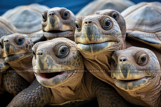 Group of Galapagos Giant Tortoises close up. Стоковое AI-изображение, AI-художник Veniamin Kraskov / Фотобанк Лори