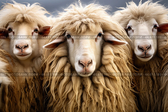 Group of long-haired sheeps close up. Стоковое AI-изображение, AI-художник Veniamin Kraskov / Фотобанк Лори