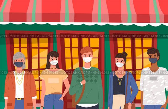 Group of students is wearing medical mask. People adhere to quarantine regulations. Cartoon characters on the background of a restaurant, quarantine period, pandemic time, vector illustration. Group of students is wearing medical mask. Cartoon characters on the background of a restaurant. Стоковая иллюстрация, агентство Ingram Publishing / Фотобанк Лори