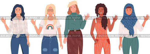 Group of women with different nationalities and cultures. Multicultural people show greeting gesture. Smiling female characters from countries. Representatives of world cultures waving their hands. Group of women with different nationalities and cultures. Multicultural people show greeting gesture. Стоковая иллюстрация, агентство Ingram Publishing / Фотобанк Лори