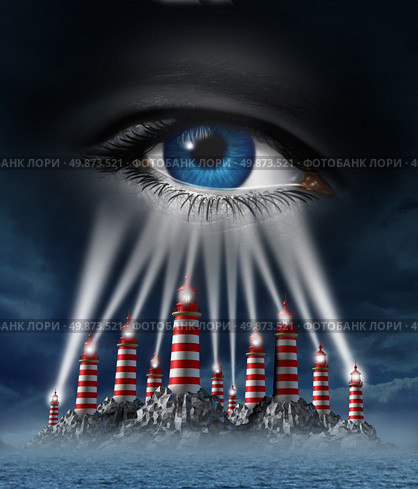 Group power with different ideas coming together for a common vision and team strategy for a creative unified business plan as light house towers beaming connected focus into a human eye on a storm sky. Стоковое фото, агентство Ingram Publishing / Фотобанк Лори