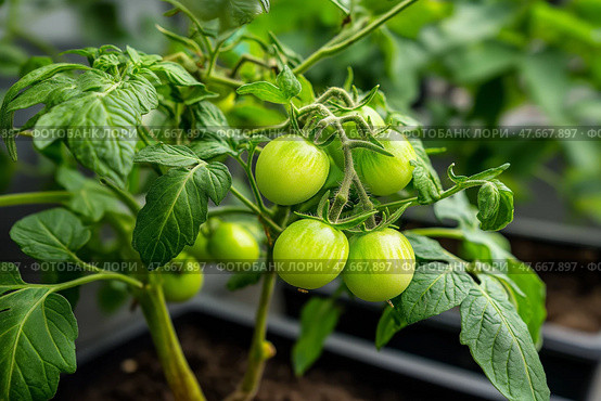 Growing green tomatoes in a greenhouse during the summer season.  зеленые помидоры в теплице в летний сезон. Стоковое AI-изображение, AI-художник Katsiaryna Repich / Фотобанк Лори