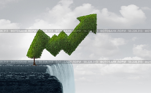 Growth in turbulent times and risky unstable market as a business success metaphor as a tree shaped as a precarious economic profit graph at the edge of a waterfall in a 3D illustration style. Стоковое фото, агентство Ingram Publishing / Фотобанк Лори
