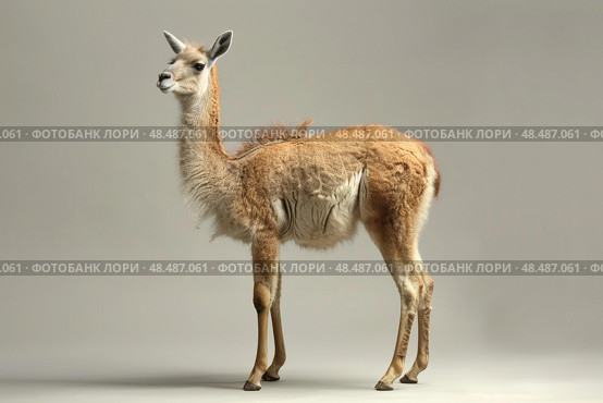 Guanaco standing on plain background in studio setting. Стоковое AI-изображение, AI-художник Иван Рябоконь / Фотобанк Лори
