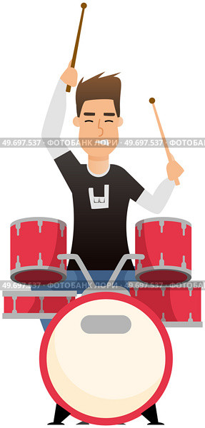 Guy drummer at drum. Brutal man playing with sticks on drums and cymbals flat style design. Talented happy musician, musical show. Musical art concept, member of rock group, music equipment on stage. Guy drummer musician at drum. Brutal man playing with sticks on drums and cymbals, rock music. Стоковая иллюстрация, агентство Ingram Publishing / Фотобанк Лори