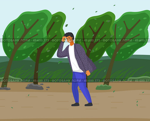 Guy in jeans and shirt overcomes strong gusts of wind, protecting face with hand. Green trees are sloping from the wind, storm. Countryside, country road, summer or spring time. Storm before the rain. Guy walking along country road, strong gusts of wind will overcome, storm before summer rain. Стоковая иллюстрация, агентство Ingram Publishing / Фотобанк Лори