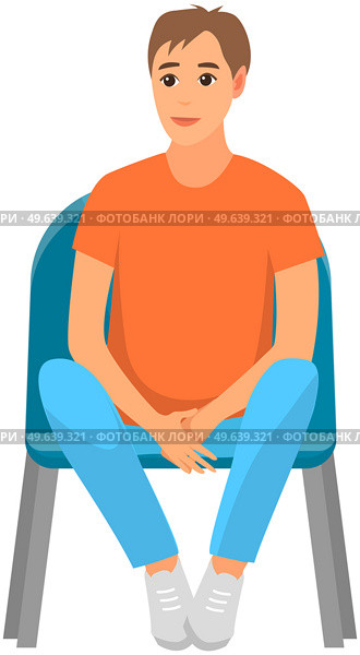 Guy in t-shirt sitting on chair and watching show isolated on white background. Male character in viewer seat is looking at something. Smiling man in audience, spectator sitting on viewer place. Smiling man in audience, spectator sitting on viewer place. Guy in t-shirt is watching show. Стоковая иллюстрация, агентство Ingram Publishing / Фотобанк Лори