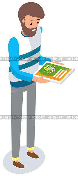 Guy looking at flyer on white background. Work in advertising company, promotion, distribution. Male character is reading leaflet fliers with advertisement. Man with ad, announcement in his hands. Male character is reading leaflet fliers with advertisement. Man with ad, announcement in his hands. Стоковая иллюстрация, агентство Ingram Publishing / Фотобанк Лори