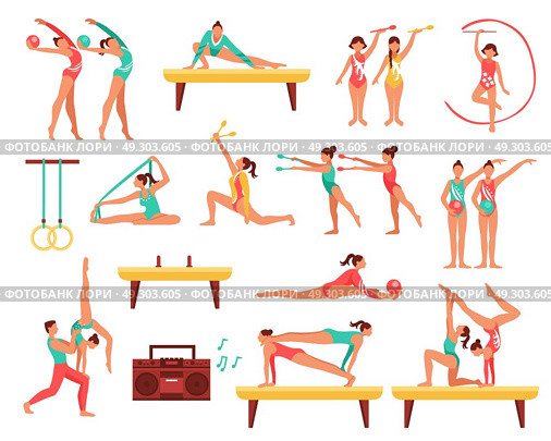 Gymnastics And Actobatics Decorative Icons Set. Decorative icons set with gymnastics including girls with sports tools and acrobatics on beam isolated vector illustration . Стоковая иллюстрация, агентство Ingram Publishing / Фотобанк Лори