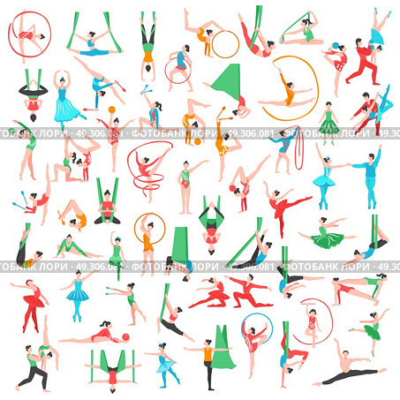 Gymnastics And Ballet Big Set. Gymnastics and ballet big set including dancers trapeze artists acrobats girls with sports tools isolated vector illustration . Стоковая иллюстрация, агентство Ingram Publishing / Фотобанк Лори