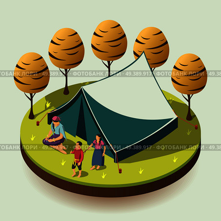 Gypsy camping outdoors design concept with romany family resting near tent isometric  vector illustration. Gypsy Camping Isometric Design Concept. Стоковая иллюстрация, агентство Ingram Publishing / Фотобанк Лори