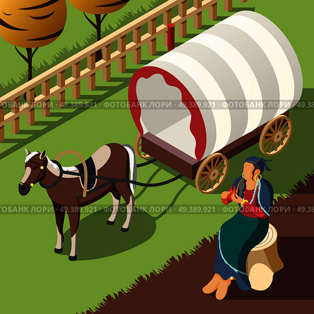 Gypsy customs isometric background with horse harnessed to wagon and romany woman sitting on stump vector illustration. Gypsy Customs Isometric Background. Стоковая иллюстрация, агентство Ingram Publishing / Фотобанк Лори